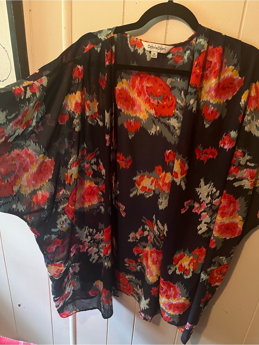 Davi & Dani Navy Sheer Kimono with Red, Pink & Yellow Floral Print